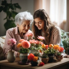 A grandmother and a female volunteer plant flowers together in a warm and cozy environment. Concept: communication between generations. The age difference helps a pensioner grow plants.
