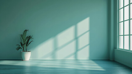 Fototapeta na wymiar Empty room with minimalist soft teal wall background with sun shadow for product presentation