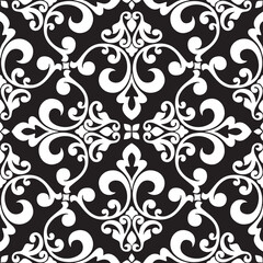 Floral seamless pattern with baroque style ornament. Modern stylish texture. Black and white. Repeating vector background.