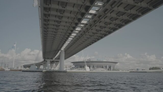 Establishing shot at the Gazprom Arena stadium, view from the Neva River. S log3