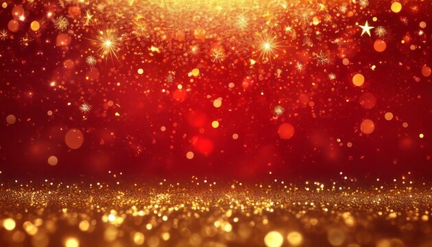 new year christmas red background with gold stars and sparkling abstract background with red and gold particle christmas golden light shine particles bokeh on red background gold foil texture ai