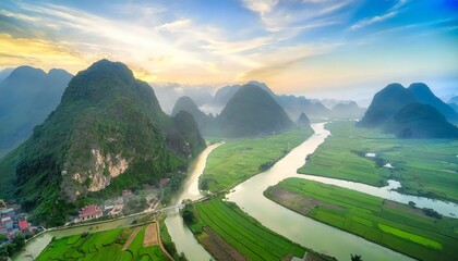 aerial view of dawn on mountain at ngoc con ward trung khanh town cao bang province vietnam with river nature green rice fields near ban gioc waterfall