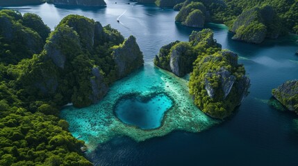 A turquoise lagoon nestled amidst lush green islands, forming a heart-shaped pattern from above,