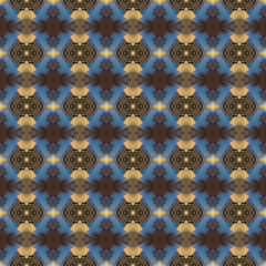 Shibori pattern. Ikat textile. Tie dye print. brown seamless stencil. Moroccan tile. Folk geometric ornament. Japanese shibori pattern. Watercolor batik paint, silk fabric. Ethnic carpet motif