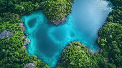 A turquoise lagoon nestled amidst lush green islands, forms a heart-shaped pattern from above, - obrazy, fototapety, plakaty