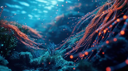 A vast underwater data center, glowing cables snaking through coral reefs, technology harmonizing with the ocean's vibrant pulse. - obrazy, fototapety, plakaty