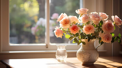 A vase of roses on a table in a room with sunlight coming through the window and a blurry background