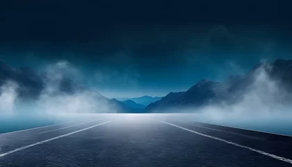Foto op Plexiglas dark street asphalt abstract dark blue background empty dark mountain range scene with smoke mist cold white float up for display products © Heaven