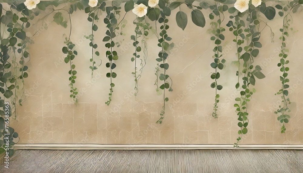 Wall mural terrace with lianas and flowers on a textured background art drawing in beige and gray tones photo wallpaper