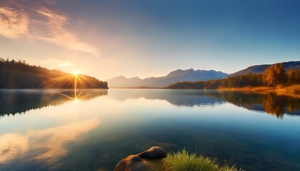 tranquil lake scene at sunrise - obrazy, fototapety, plakaty