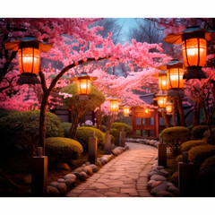 Dusk descends on lantern-lit pathway beneath cherry blossoms, casting soft glow on stone sidewalk. Tranquil setting is celebration of delicate beauty of spring, captured in wide-angle soft focus shot.