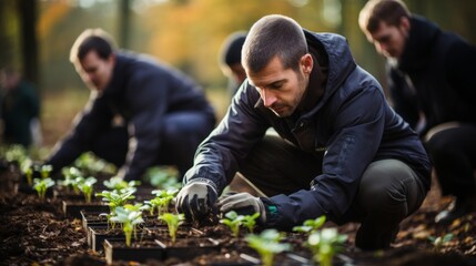 A group of volunteers is planting trees in forests and meadows to restore nature. Concept: the activities of eco-activists to restore vegetation
