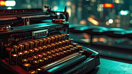 A vintage typewriter spitting out lines of glowing code, the clatter of keys blending with the hum of a futuristic cityscape in the background.