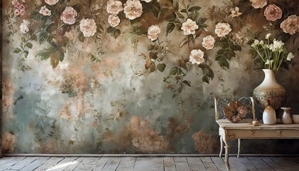 texture shabby wall on which barely visible flowers are depicted photo wallpaper in the interior - obrazy, fototapety, plakaty