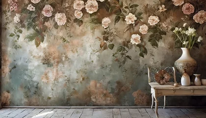 Fotobehang texture shabby wall on which barely visible flowers are depicted photo wallpaper in the interior © Lucia