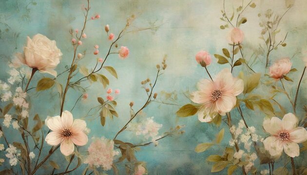 vintage photo wallpaper which depicts branches with flowers with worn elements