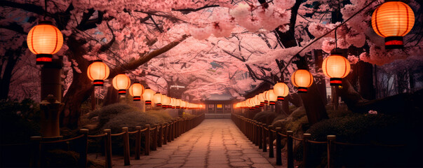 Romantic background with serene stone path with cherry blossoms and glowing lanterns in a row. Traditional Japanese aesthetics and celebrations. Flower Festival. Romantic evening