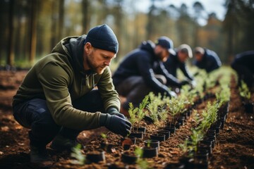 A group of volunteers is planting trees in forests and meadows to restore nature. Concept: the activities of eco-activists to restore vegetation
 - obrazy, fototapety, plakaty