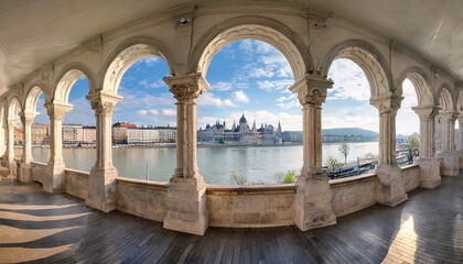 interior high resolution panoramic view of the old fishermen bastion in budapest hungary in the morning - obrazy, fototapety, plakaty