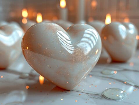 Glass 3D Realistic Heart Shape. Valentine's Day Creative 3D Background. 