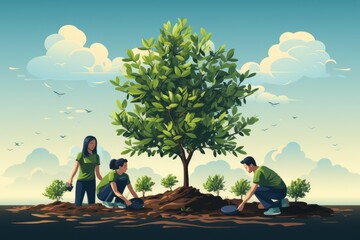 A man and a woman plant trees in the forest and clearings to restore nature. Concept: the activities of eco activists to restore vegetation by volunteers