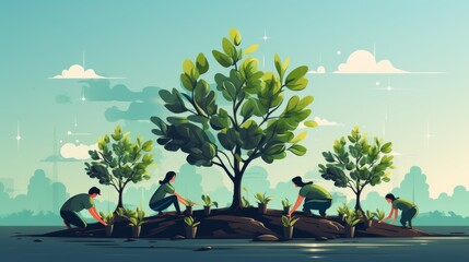 A man and a woman plant trees in the forest and clearings to restore nature. Concept: the activities of eco activists to restore vegetation by volunteers