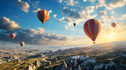 colroful airships in highly realistic landscape, blue sky whit white clouds