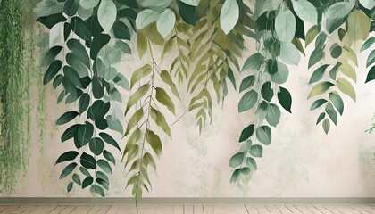 art drawing of topical plants tree leaves lianas in pastel style photo wallpaper in the interior