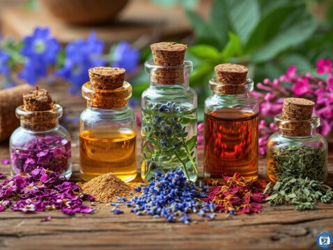 several various essential oils with dried flowers on old wooden table top, in the style of casey baugh, louis comfort tiffany, nature-inspired imagery, light brown and green 