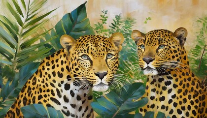 leopards in tropical leaves art drawing in the style of oil paints on a textured background photo wallpaper