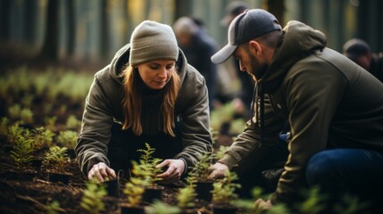 A group of volunteers is planting trees in forests and meadows to restore nature. Concept: the activities of eco-activists to restore vegetation
 - obrazy, fototapety, plakaty
