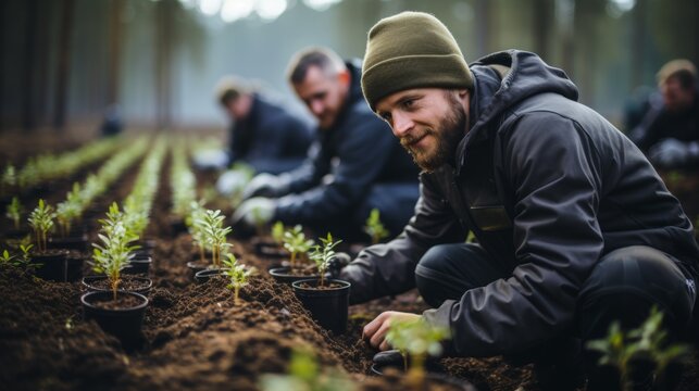 A group of volunteers is planting trees in forests and meadows to restore nature. Concept: the activities of eco-activists to restore vegetation
