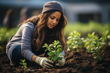 A woman plants a tree in the forest and clearings to restore nature. Concept: the activities of eco activists to restore vegetation by volunteers