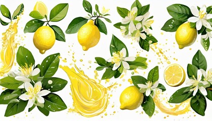 big vector set of lemon branch flower green leaves fruit and splashing juice arrangements - obrazy, fototapety, plakaty