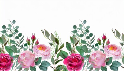 watercolor botanical leaf and buds roses peonies seamless herbal composition for wedding or greeting card spring border with leaves eucalyptus - obrazy, fototapety, plakaty