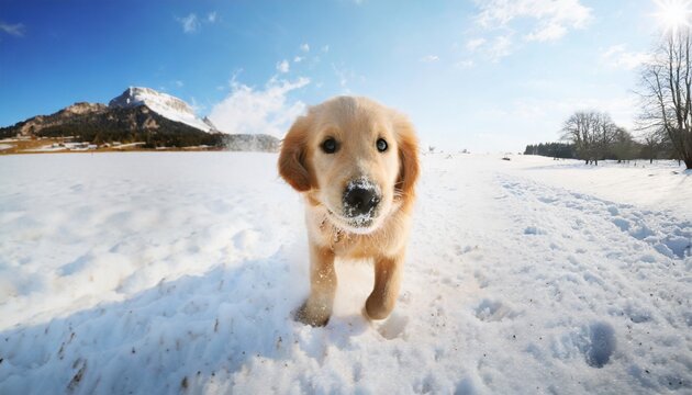 cheerful golden retriever puppy playing in the snow dog having fun in winter