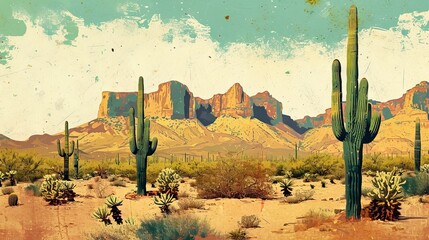 vintage Arizona desert with cactus - AI Generated Abstract Art