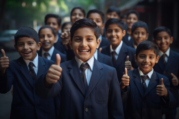 A group of smiling school students wearing uniforms showing thumbs up gesture - obrazy, fototapety, plakaty