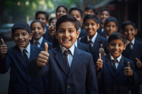 A group of smiling school students wearing uniforms showing thumbs up gesture