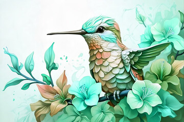 Fototapeta premium Hummingbird Painting, Beautiful Nature Artwork of a Bird Resting on Flower-Filled Branch. Generative AI.