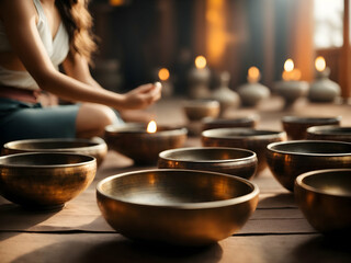 Sound Healing  Singing ritual meditation bowls with a background of a temple, a meditating girl and candles