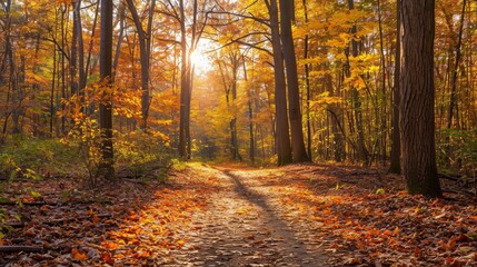 A winding forest path bathed in golden sunlight, fallen leaves creating a vibrant carpet under towering oaks adorned with fiery autumn foliage. - obrazy, fototapety, plakaty
