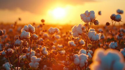 Cotton Field, A Nature's Harvest: Fluffy White Balls of Softness in a Serene Rural Landscape, Bathed in the Warm Glow of Sunset - obrazy, fototapety, plakaty