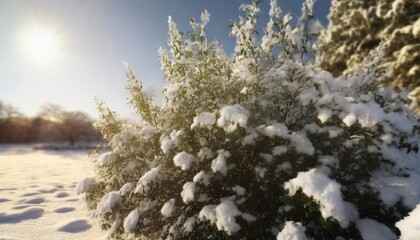 closeup snow covered bush in sunlight
