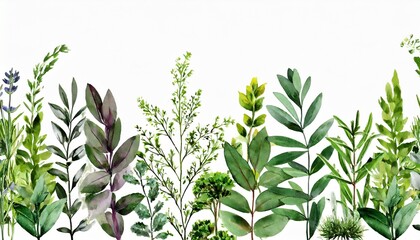 set watercolor arrangements with garden herbs seamless border collection leaves branches botanic illustration isolated on white background