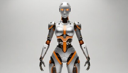 humanoid robot cyborg female futuristic look gray armor with orange elements