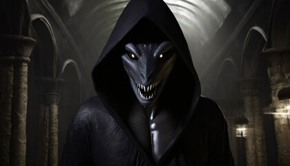 reptilian demon in a black hood