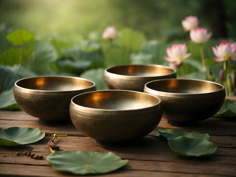 singing ritual bowls for meditation against the background of a lake with lothus, nature