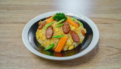cantonese fried glutinous rice with mushroom corn carrots and sausage chinese food