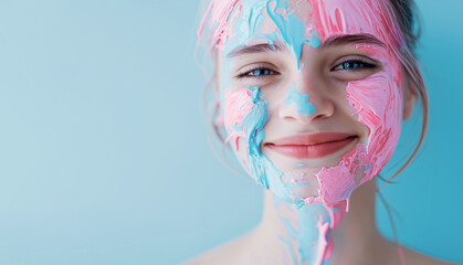 Portrait of Young smiling girl with a smeared pink blue color on her face. Summer Fun scene. Copy...